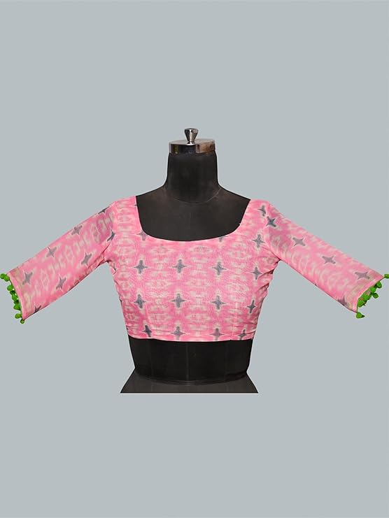 Women's Blue Cotton Bandhani Printed pompom Saree With Unstitched Blouse