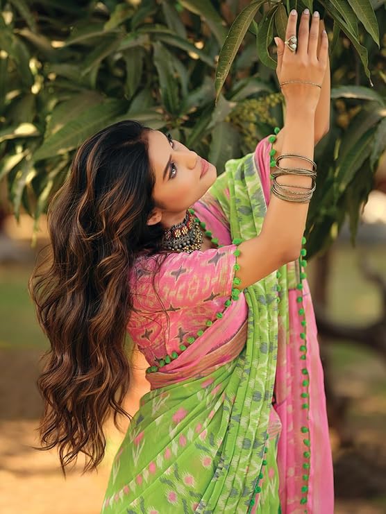 Women's Blue Cotton Bandhani Printed pompom Saree With Unstitched Blouse