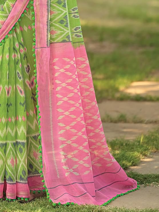 Women's Blue Cotton Bandhani Printed pompom Saree With Unstitched Blouse