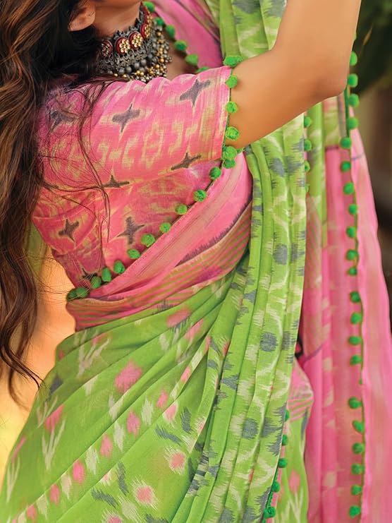 Women's Blue Cotton Bandhani Printed pompom Saree With Unstitched Blouse