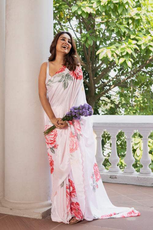 Elegant Floral Print Saree, White with Coral Rose Pattern, Traditional Indian Wear, Lightweight Chinnon Crepe Fabric with Blouse Piece