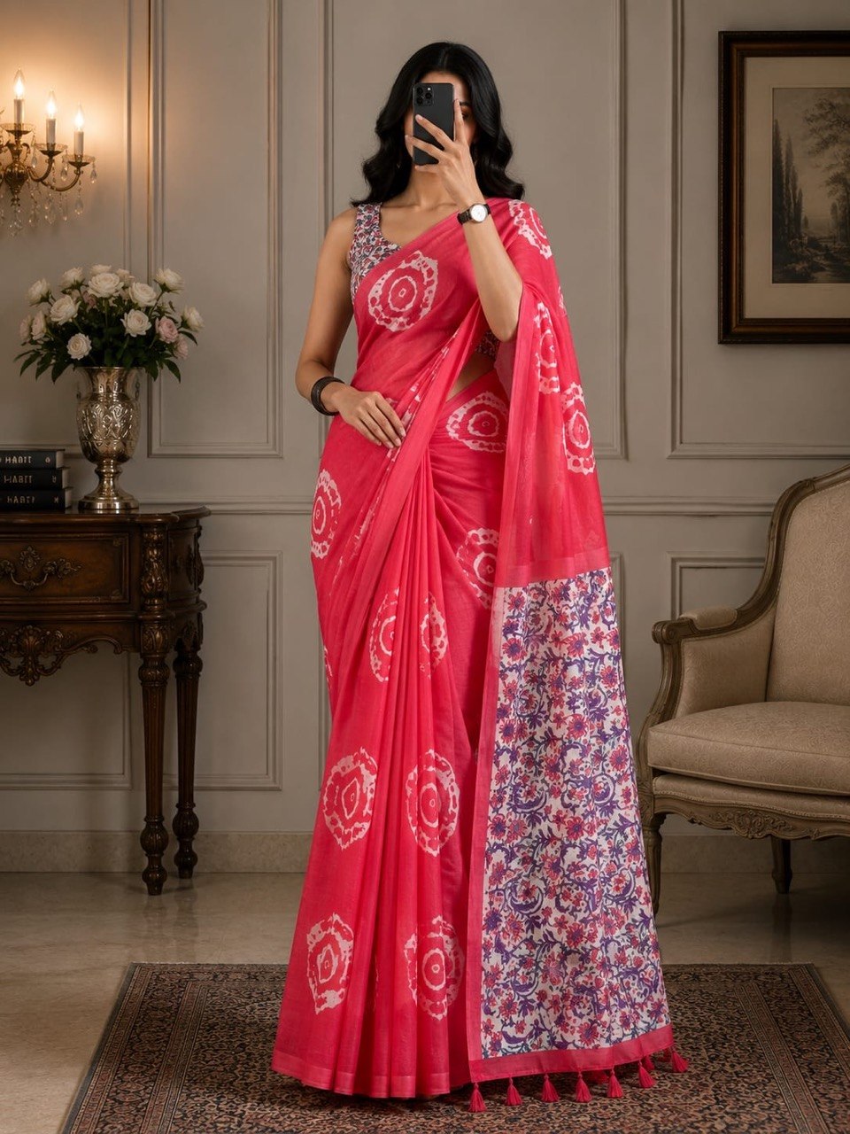 Elegant Pink Printed Cotton Saree with Designer Floral Pallu
