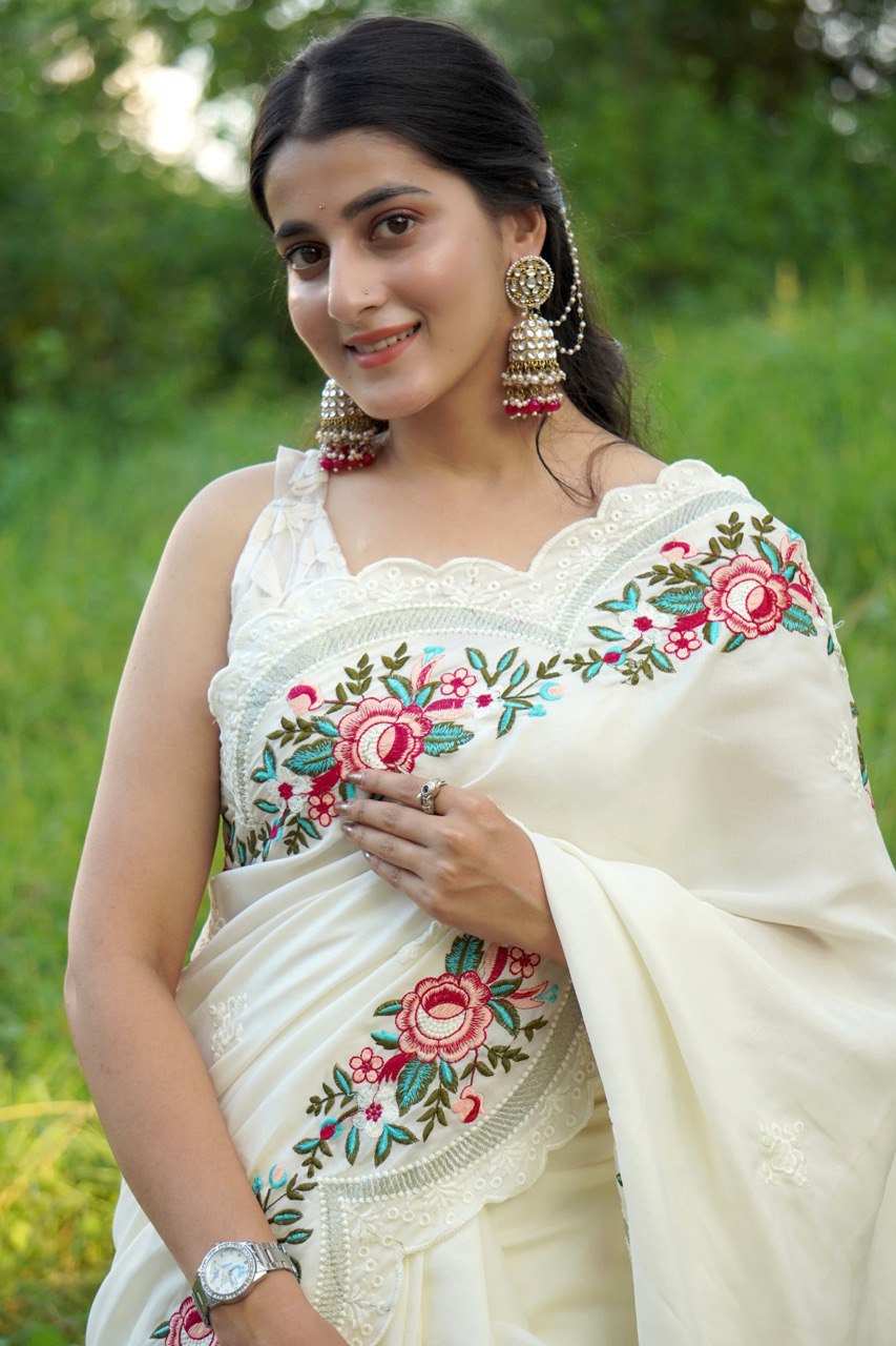 Pure Tussar Silk Saree with Elegant Floral Embroidery and Lace Border | Comes with Matching Embroidered Blouse