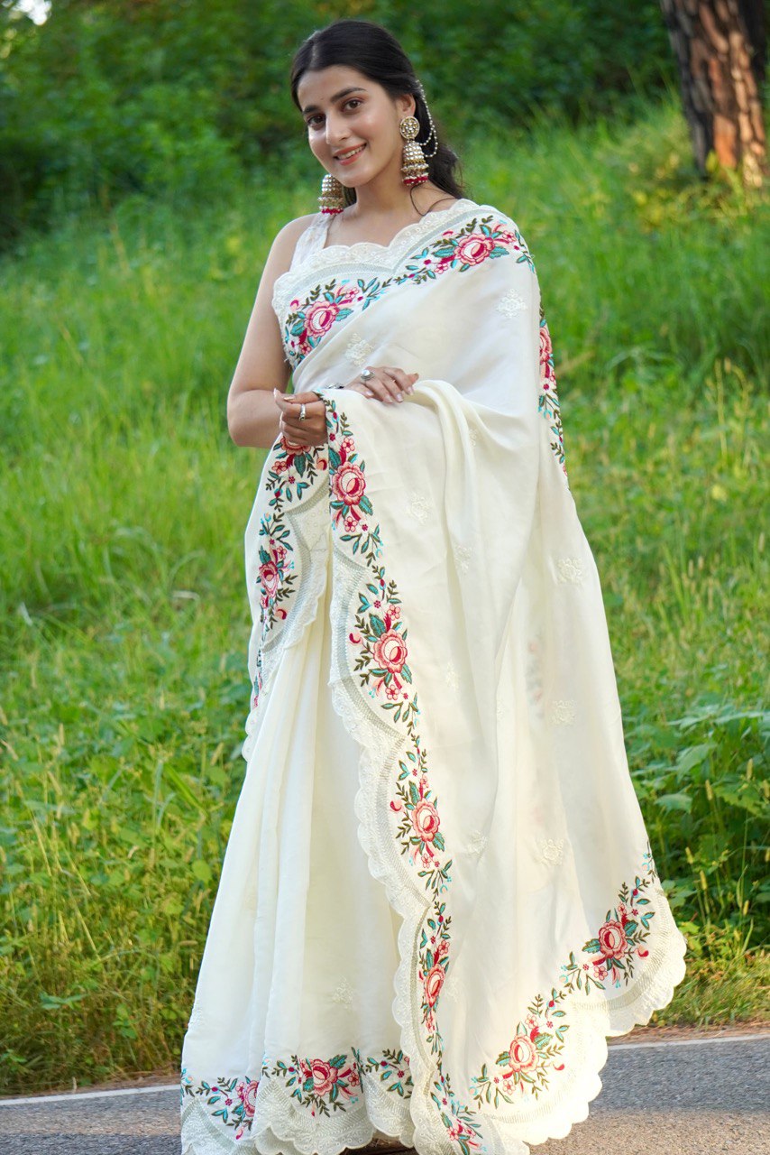 Pure Tussar Silk Saree with Elegant Floral Embroidery and Lace Border | Comes with Matching Embroidered Blouse