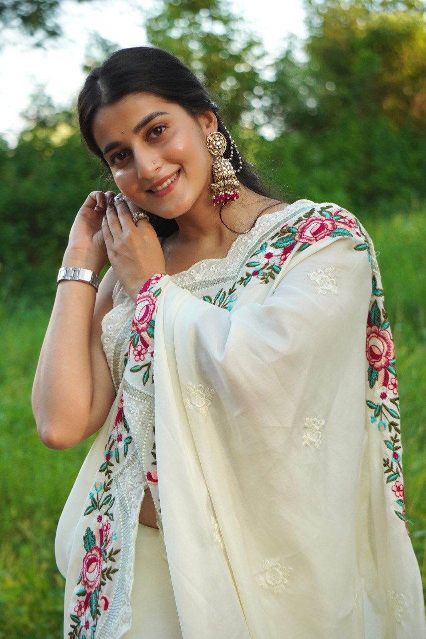 Pure Tussar Silk Saree with Elegant Floral Embroidery and Lace Border | Comes with Matching Embroidered Blouse