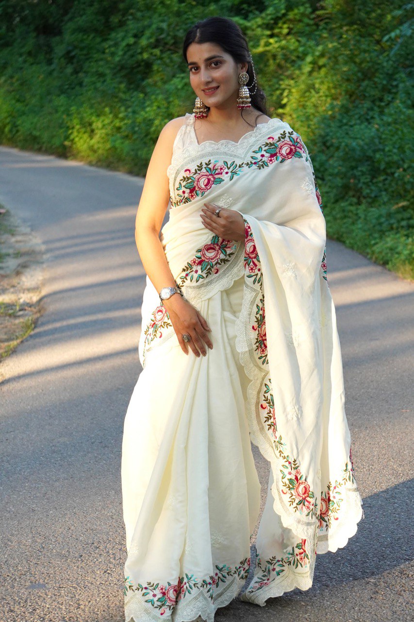 Pure Tussar Silk Saree with Elegant Floral Embroidery and Lace Border | Comes with Matching Embroidered Blouse