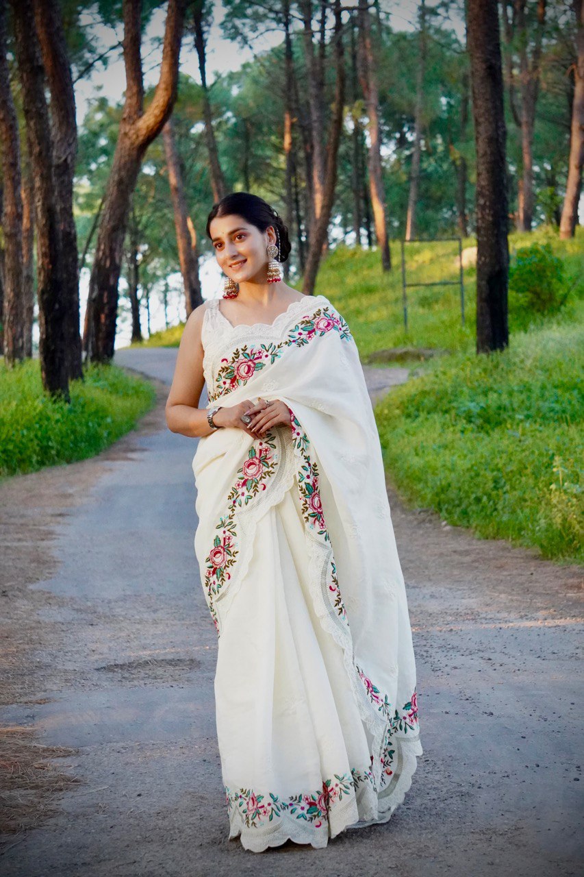 Pure Tussar Silk Saree with Elegant Floral Embroidery and Lace Border | Comes with Matching Embroidered Blouse