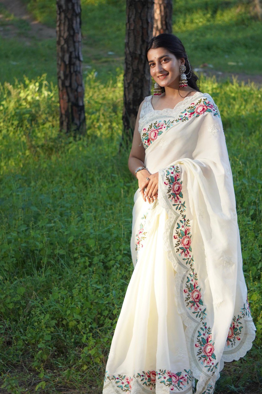 Pure Tussar Silk Saree with Elegant Floral Embroidery and Lace Border | Comes with Matching Embroidered Blouse