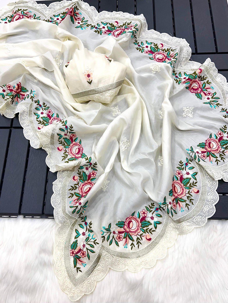 Pure Tussar Silk Saree with Elegant Floral Embroidery and Lace Border | Comes with Matching Embroidered Blouse