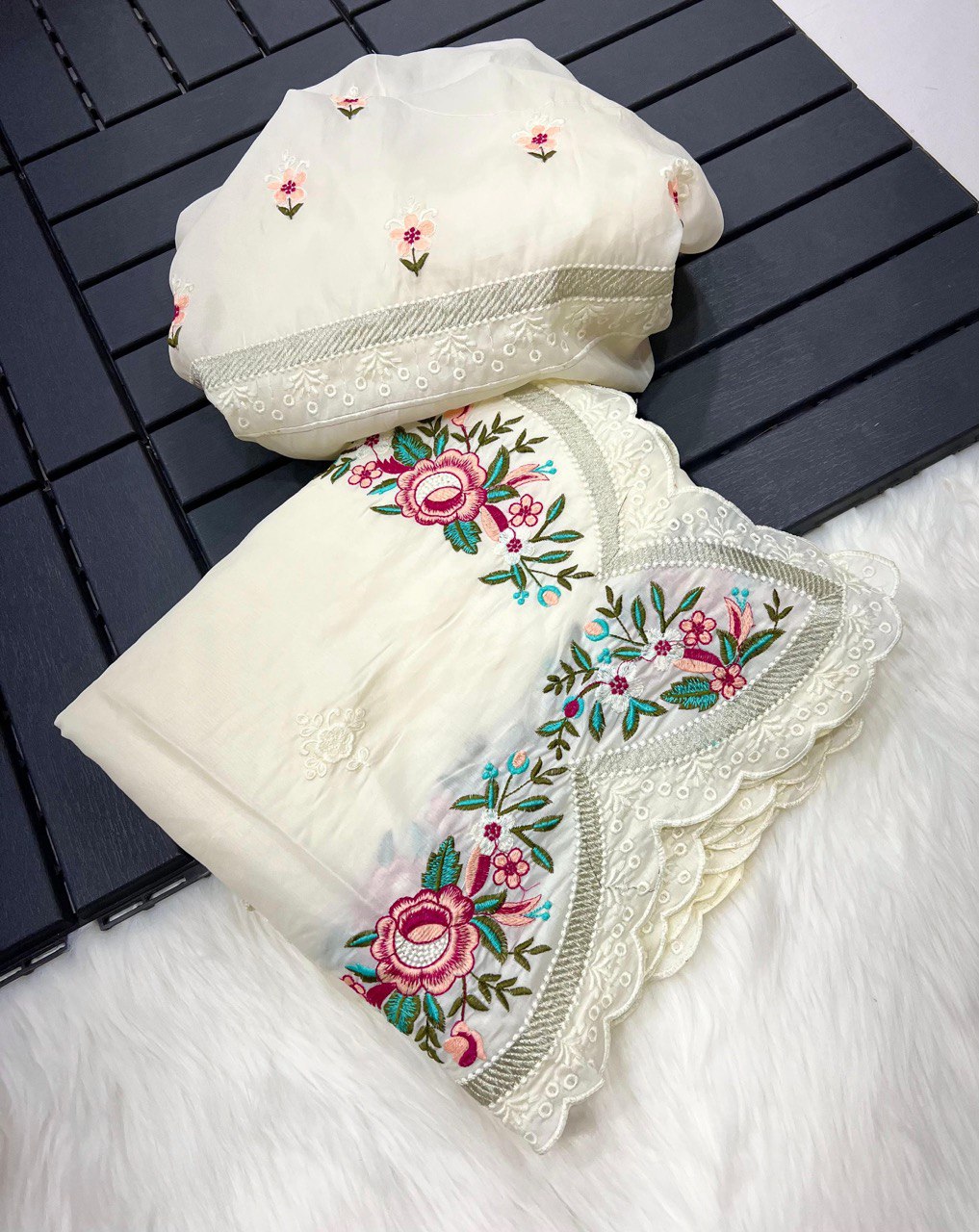 Pure Tussar Silk Saree with Elegant Floral Embroidery and Lace Border | Comes with Matching Embroidered Blouse