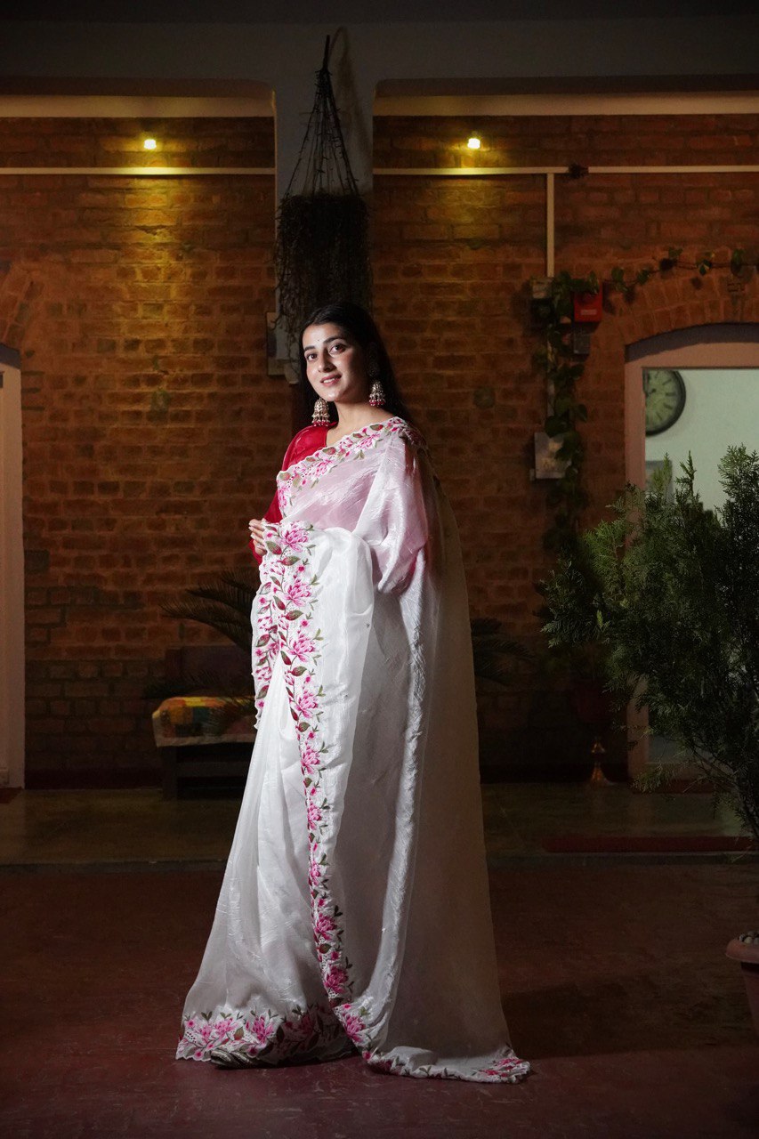 Elegant White Organza Saree with Floral Embroidery