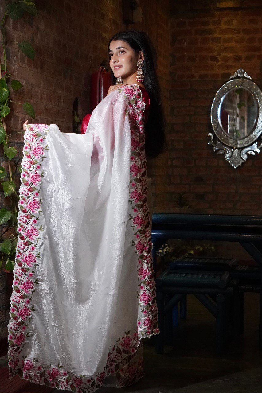 Elegant White Organza Saree with Floral Embroidery