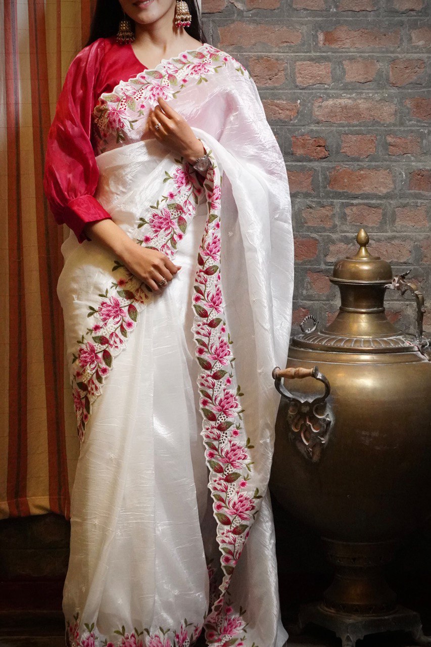 Elegant White Organza Saree with Floral Embroidery