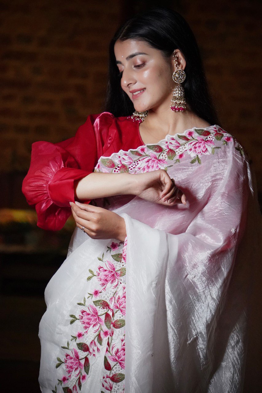 Elegant White Organza Saree with Floral Embroidery