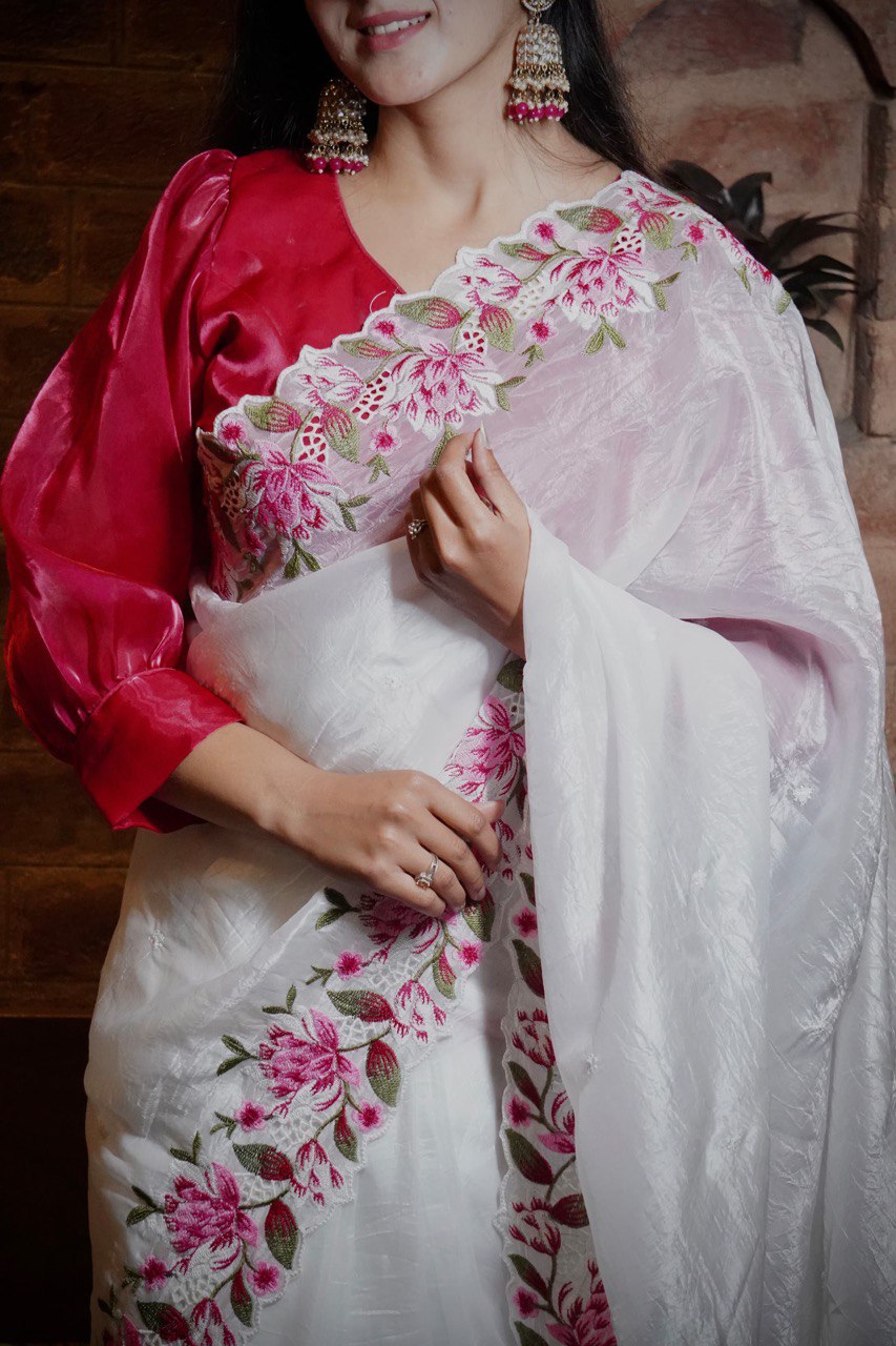 Elegant White Organza Saree with Floral Embroidery