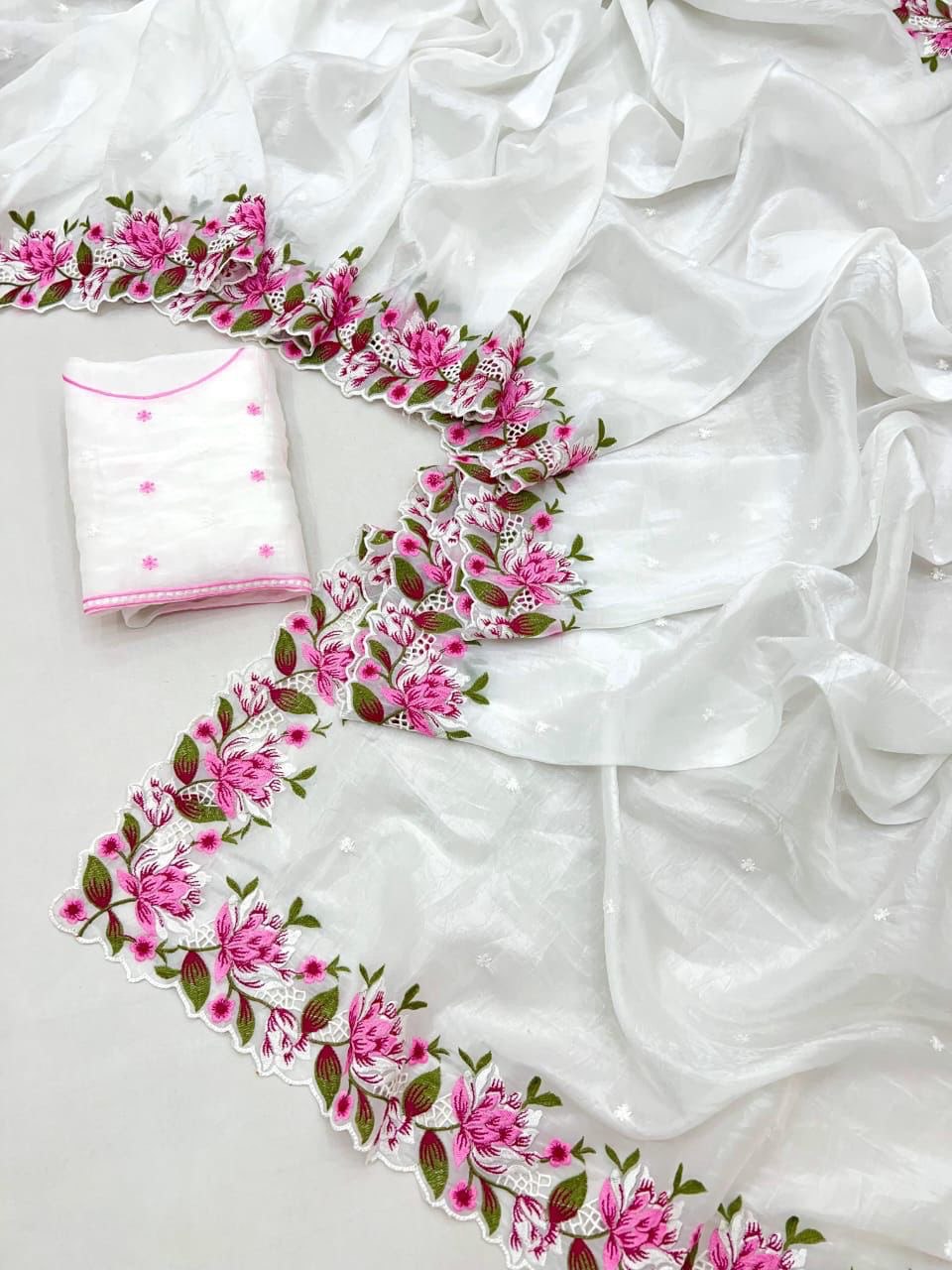 Elegant White Organza Saree with Floral Embroidery