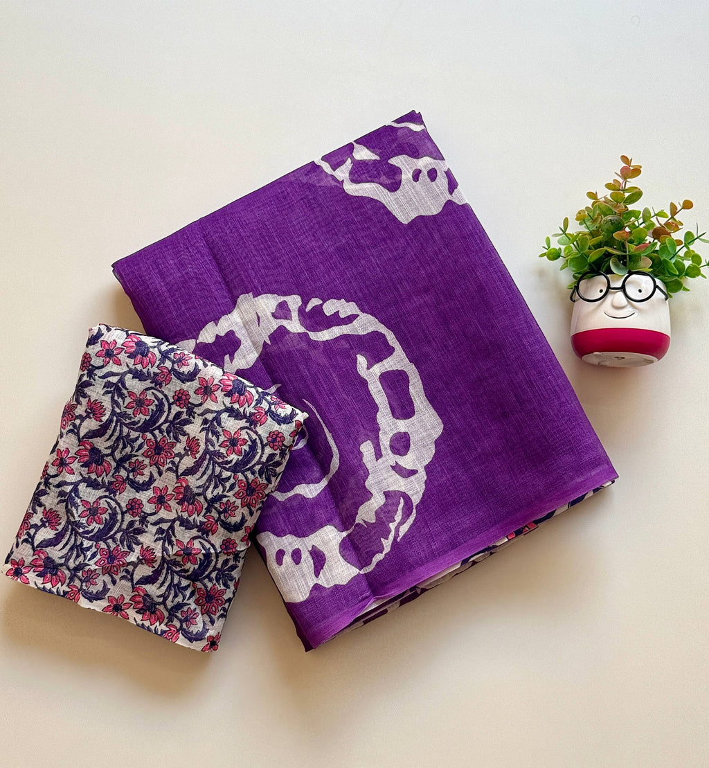Purple Batik Print Cotton Linen Saree with Floral Blouse Piece