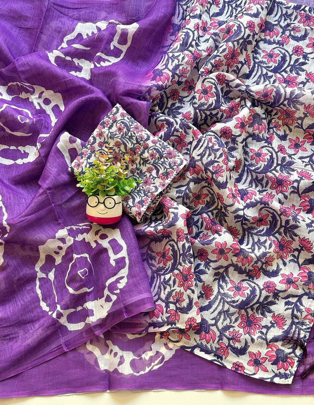 Purple Batik Print Cotton Linen Saree with Floral Blouse Piece
