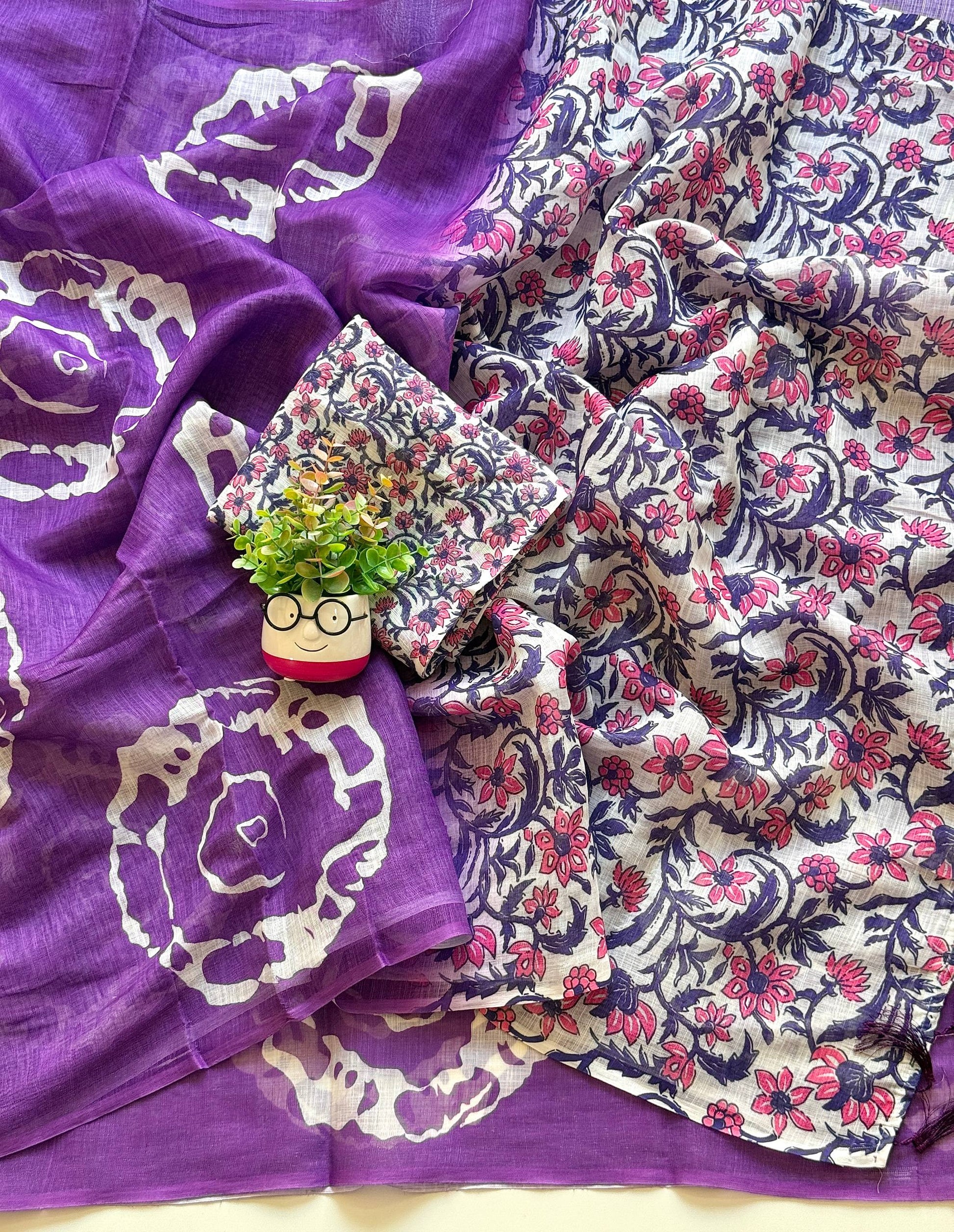 Purple Batik Print Cotton Linen Saree with Floral Blouse Piece