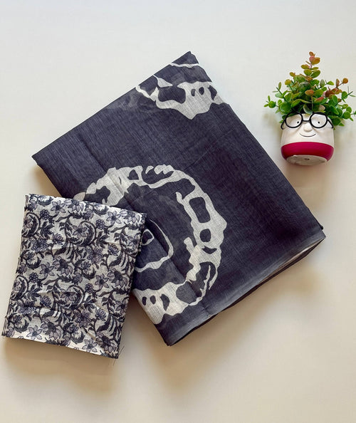 Black Batik Print Cotton Linen Saree with Floral Blouse Piece