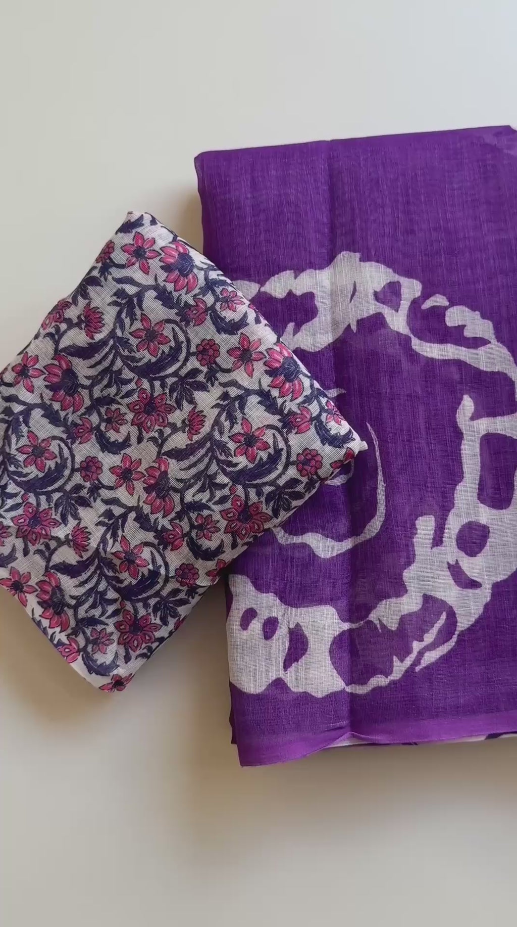 Purple Batik Print Cotton Linen Saree with Floral Blouse Piece
