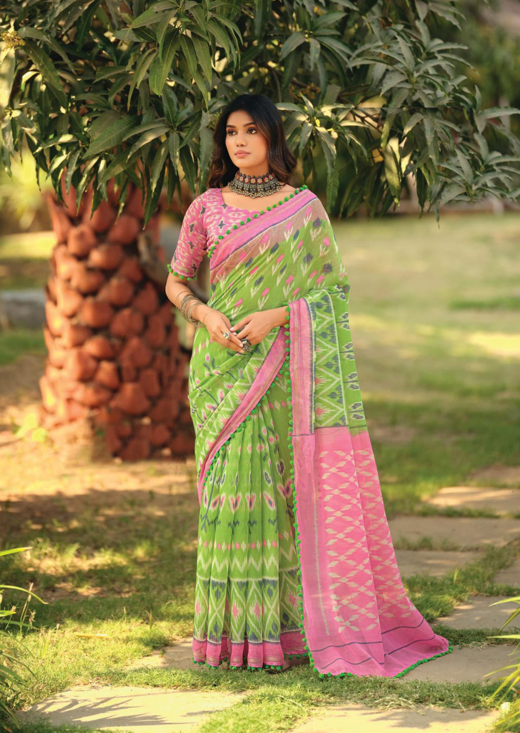 Women's Blue Cotton Bandhani Printed pompom Saree With Unstitched Blouse